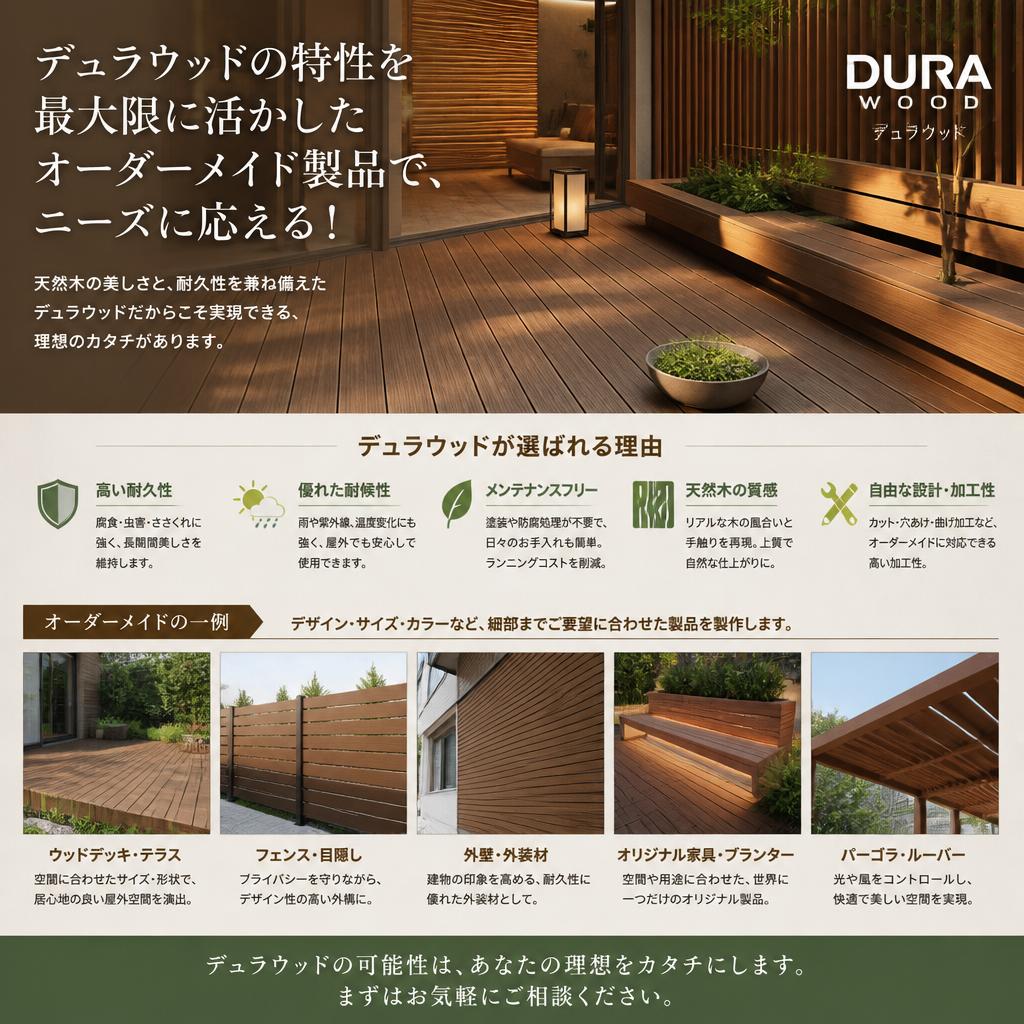 デュラウッドの特性を最大限に活かしたオーダーメイド製品で、ニーズに応える！